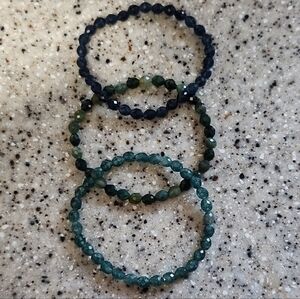 Handmade Blue And Green Chalcedony And Moss Agate Bracelet Set